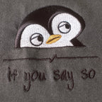 Embroidered penguin detail close-up