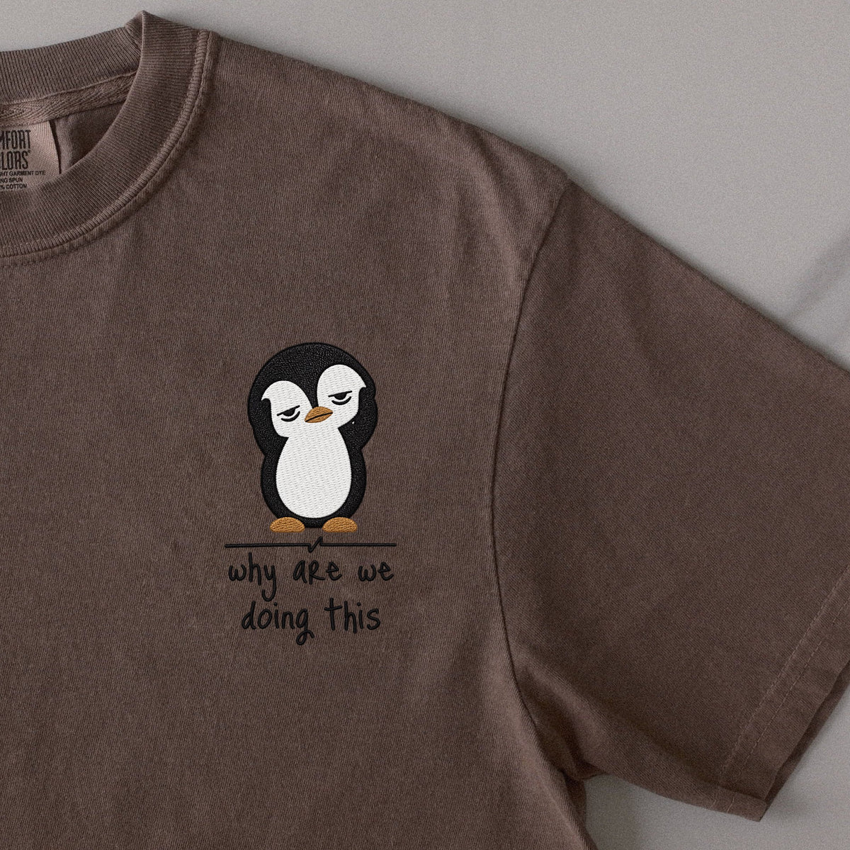 Why Are We Doing This embroidered t-shirt in Espresso